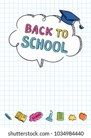 Vector illustration design poster,leaflet with colorful element of education on white and word Back to school in speech bubble.Draw doodle cartoon style.