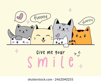 Vector illustration. Design for printing on shirt, poster, banner. White text on pink background. Lovely print for t-shirt, cute children's kittens.