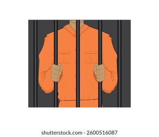 Vector illustration design of a prisoner in orange prison clothes behind bars in prison on a black background