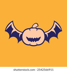 Diseño de Ilustración vectorial de una calabaza con alas de murciélago en colores melocotón y azul y estilo simple. conveniente para logotipos, iconos, carteles, anuncios, Anuncios, empresas, diseños de camisetas, pegatinas, Web