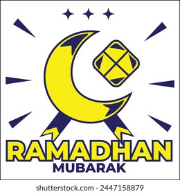 vector illustration design of Ramadan Mubarak with moon and stars in yellow and blue in flat style. suitable for logos, icons, posters, advertisements, banners, companies, t-shirt designs, stickers.