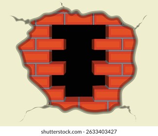 Diseño de Ilustración vectorial de una pared de ladrillo rojo que tiene agujeros con una pared de cemento que también está agrietada y llena de agujeros