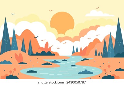 Vector Illustration Design of River Nature Landscape with Sun in Summer