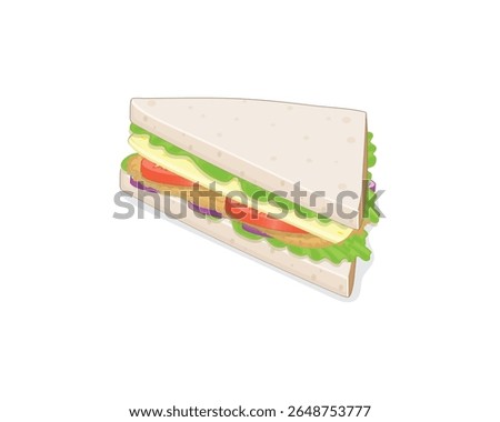 vector illustration design of a sandwich with half a slice in a triangle shape with filling of meat onion celery tomato and cheese
