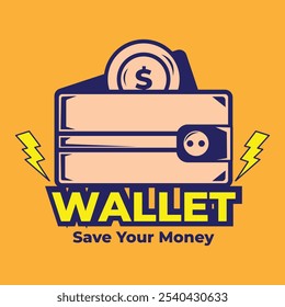 vector illustration design of a save the money wallet with a wallet and coins, in peach and blue colors on an orange background. suitable for logos, icons, posters, advertisements, banners, companies.
