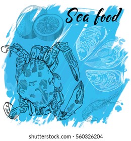 Vector illustration, design for a seafood restaurant menu. The picture shows the crab, lemon and oysters on a blue background. Hand draw