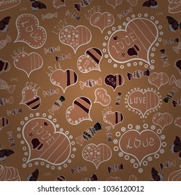 Vector illustration. Design. Seamless All you need is love quote with hearts. Textile graphic t shirt print on brown, beige and white colors.