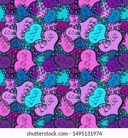 Vector illustration. Design. Seamless All you need is love quote with hearts. Textile graphic t shirt print on blue, black and pink colors.