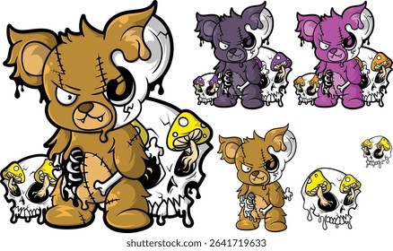 Vector illustration design set of zombie bear with skull and mushroom, EPS 10, editable, suitable for t-shirts, stickers, posters and other products.