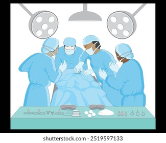 vector illustration design of several people consisting of a nurse and a surgeon performing a surgical operation in light blue uniforms and surgical equipment under lights in the operating room
