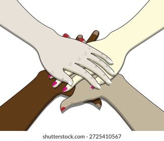 Vektorgrafik-Design von mehreren Händen, deren obere Handflächen aus verschiedenen Hautfarben und Rassen zusammengesetzt zu sein scheinen, symbolisiert Einheit und keine Unterschiede zwischen einander.