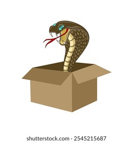 Design de ilustração vetorial mostrando uma cobra emergindo de uma caixa de papelão, destacando suas características marcantes e presença ameaçadora. Perfeito para surpresa, perigo e temas da vida selvagem.