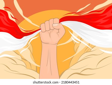 vector illustration design showing a young man's hand holding a flag which means that youth with a burning passion liberate the country