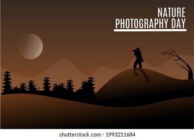 Vector illustration design, silhouette about Photographer's Day and tree without leaves, sunset twilight background, as nature photography day banner and poster