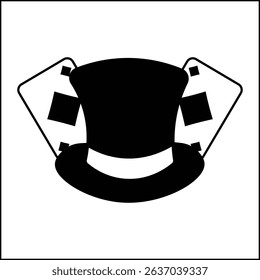 vector illustration design of silhouette of magic hat and playing cards in black and white color. suitable for logo, icon, poster, advertisement, banner, company, t-shirt design, sticker, website.