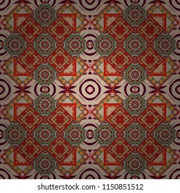 Vector illustration. Design for silk neck scarf, kerchief, hanky. Abstract tiles with patterns in green, red and brown colors. Square seamless pattern design for pillow, carpet, rug.