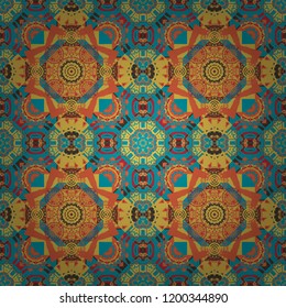 Vector illustration. Design for silk neck scarf, kerchief, hanky. Abstract tiles with patterns in yellow, blue and magenta colors. Square design for pillow, carpet, rug.