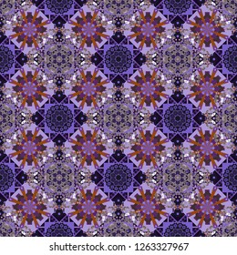 Vector illustration. Design for silk neck scarf, kerchief, hanky. Square seamless pattern design for pillow, carpet, rug. Abstract tiles with patterns in black, brown and violet colors.