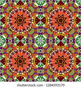 Vector illustration. Design for silk neck scarf, kerchief, hanky. Square seamless pattern design for pillow, carpet, rug. Abstract tiles with patterns in red, white and yellow colors.