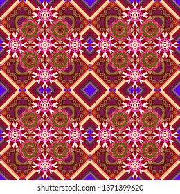 Vector illustration. Design for silk neck scarf, kerchief, hanky. Square seamless pattern design for pillow, carpet, rug. Abstract tiles with patterns in purple, red and brown colors.