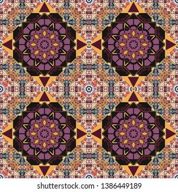 Vector illustration. Design for silk neck scarf, kerchief, hanky. Square seamless pattern design for pillow, carpet, rug. Abstract tiles with patterns in purple, black and pink colors.