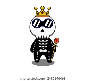 vector illustration design of skeleton with crown, holding a staff. white background