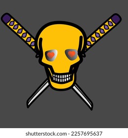 a vector illustration design of a skull with a heart symbol in the eyes against a background of 2 swords