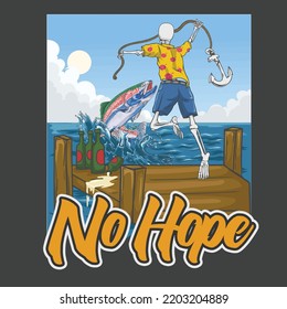 vector illustration design of a skull wearing a yellow beach suit jumping wanting to catch fish with an anchor