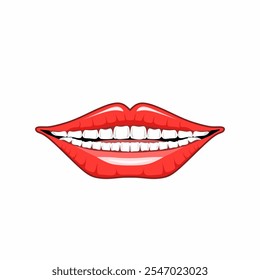 Diseño de Ilustración vectorial de una boca sonriente con labios rojos y dientes blancos. Transmitir el concepto de belleza, felicidad y humor, apto para Elementos de diseño o Materiales promocionales.