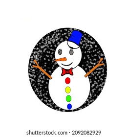 vector illustration design of a snowman with a blue bucket hat, a nose made of carrots and hands of a twig perfect for a gift logo, or a snow playground logo etc.