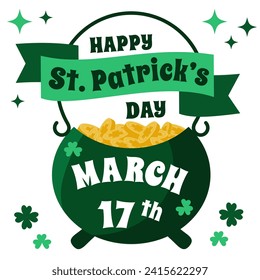 Vector illustration design for St Patrick's Day. a pot of gold with clover leaf and lettering