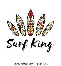 Vector illustration with design surfboard and description Surf King. Use print on textile and polygraphy