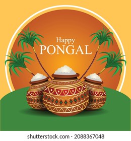 Vector Illustration Design Of Tamil Nadu  Festival Of Happy Pongal Celebration. Poster, Banner, Template Background