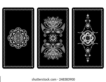 Vector illustration design for Tarot cards. Black and white rectangular design for invitation, background, cover, playing cards. Center decorative big element