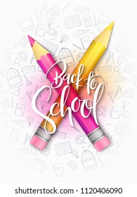 Vector illustration with design template for Back to school event banner with pencils and Back to School hand lettering label.