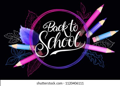 Vector illustration with design template for Back to school event banner with pencils, detailed bright autumn leaves and Back to School hand lettering label.