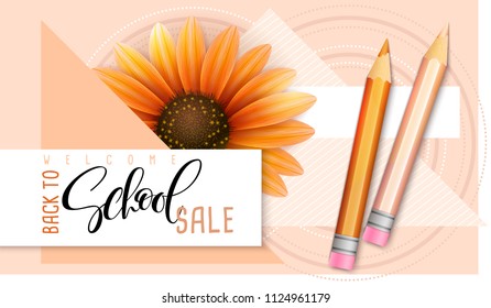Vector illustration with design template for Back to school event banner with pencils, detailed bright autumn flower, geometric shapes and Back to School hand lettering label.