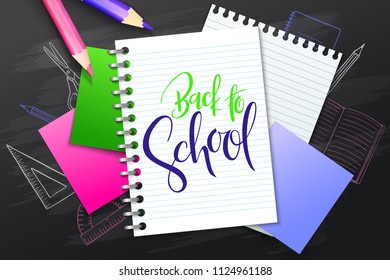 Vector illustration with design template for Back to school event banner with pencils, notebook, paper pages, stickers and Back to School hand lettering label on chalkboard with doodle stationery.