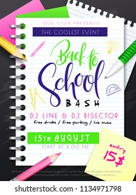 Vector illustration with design template for Back to school event poster with pencils, stationery and Back to School hand lettering label on notebook.