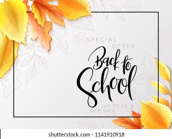 Vector illustration with design template for Back to school event banner with detailed bright autumn leaves and Back to School hand lettering label.