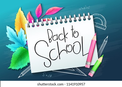 Vector illustration with design template for Back to school event banner with pencils, detailed bright autumn leaves and Back to School hand lettering label on notebook.