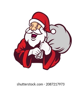 Ilustración del vector: Plantilla de diseño de banner con Santa Claus saca una pesada bolsa llena de regalos. Escena de caricaturas. 