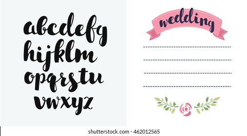 Vector illustration of design template with floral frame, leaves and pink ribbon elements, calligraphic letters. Element for invitation, wedding or greeting cards
