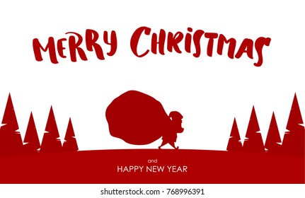 Vector illustration: Design template of greeting card with Silhouette of Santa Claus carries a heavy sack  full of gifts. Cartoon scene. Hand drawn lettering of Merry Christmas.