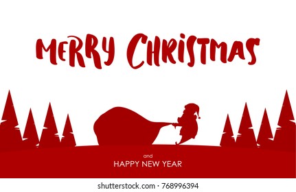 Vector illustration: Design template of greeting card with Silhouette of Santa Claus pulls a heavy bag full of gifts. Cartoon scene. Hand drawn lettering of Merry Christmas.