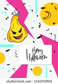 Vector illustration with design template for halloween event greetings card with pumpkin, doodle bats and happy halloween hand lettering label.