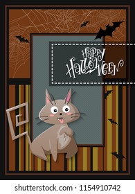 Vector illustration with design template for halloween event banner with detailed bright cat, black bats, spider web and happy halloween hand lettering label.