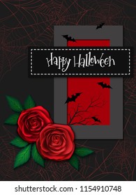 Vector illustration with design template for halloween event banner with detailed bright roses, branches and happy halloween hand lettering label.