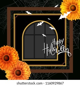 Vector illustration with design template for halloween event banner with detailed bright gerberas, spider web and happy halloween hand lettering label.