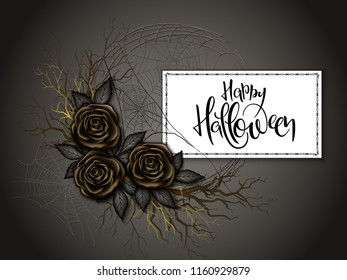 Vector illustration with design template for halloween event banner with detailed bright roses, branches, spider web and happy halloween hand lettering label.